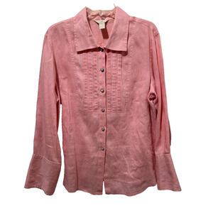 J Jill Women Pink Tie Back Long Sleeve Linen Tunic Top Sz XL MOP Buttons Collar